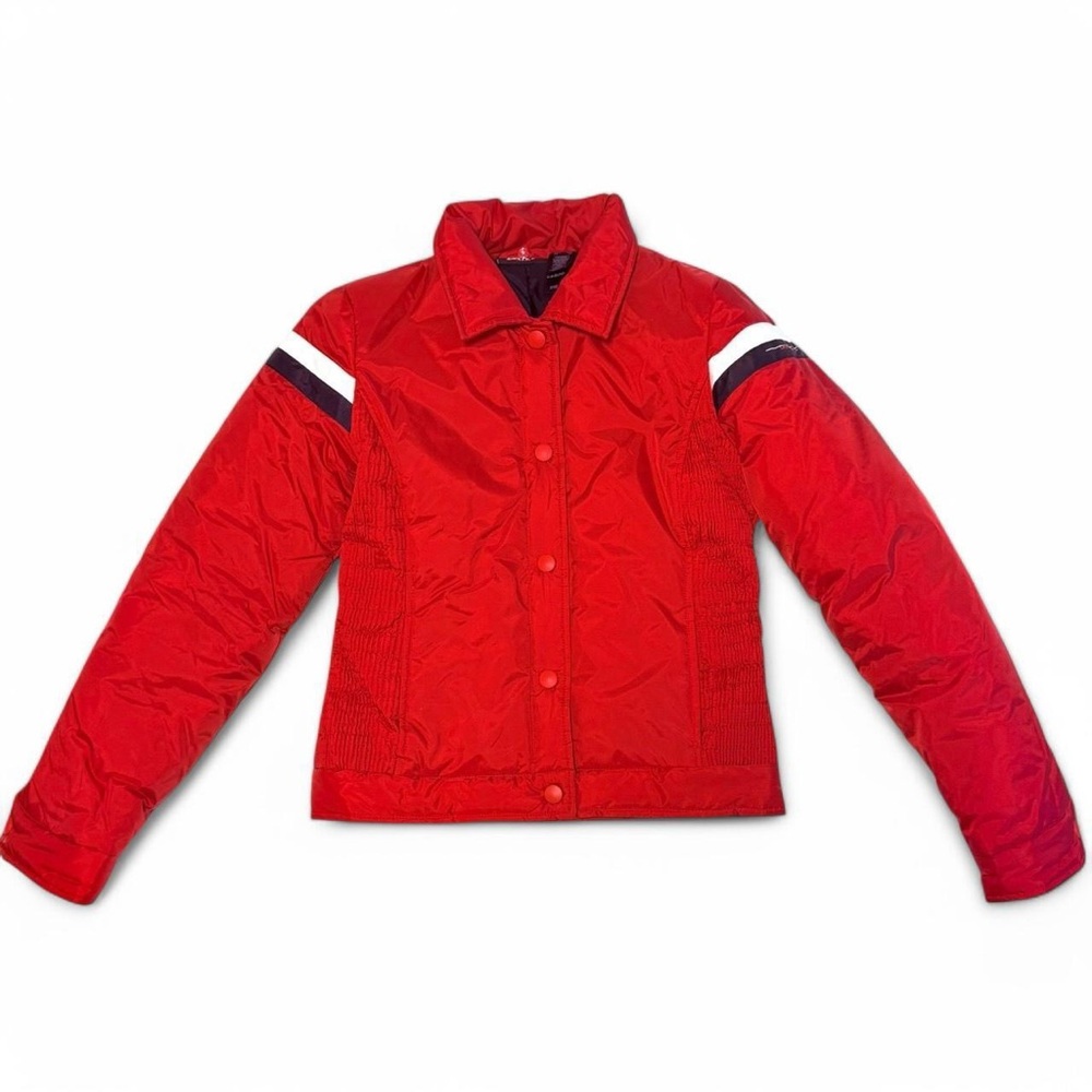 Vintage Y2K DKNY red puffer jacket with black and white stripes